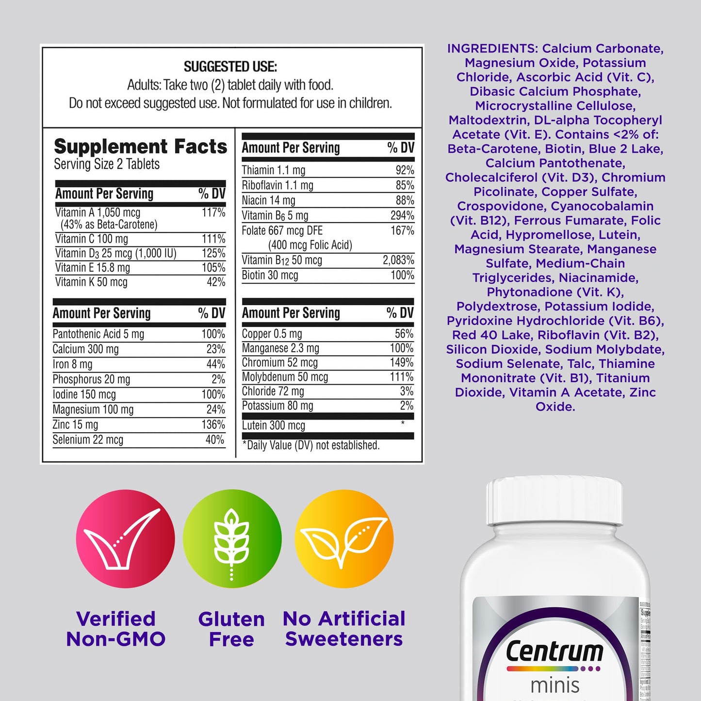 Centrum Minis Silver Women's Multivitamin for Women 50 Plus, Multimineral Supplement with Vitamin D3, B Vitamins, Non-GMO Ingredients