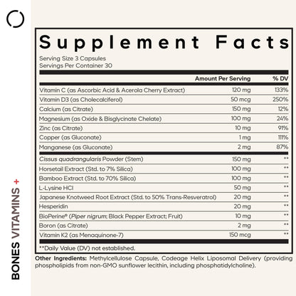Codeage Bones Vitamins+ - Vitamin D3 & K2, Vitamin C, Calcium, Magnesium, Zinc, Hesperidin, L-Lysine, Manganese, Bamboo, Horsetail, Cissus, Boron, Trans-Resveratrol, Non-GMO Supplement - 90 Capsules CodeageBuy Supplements Australia