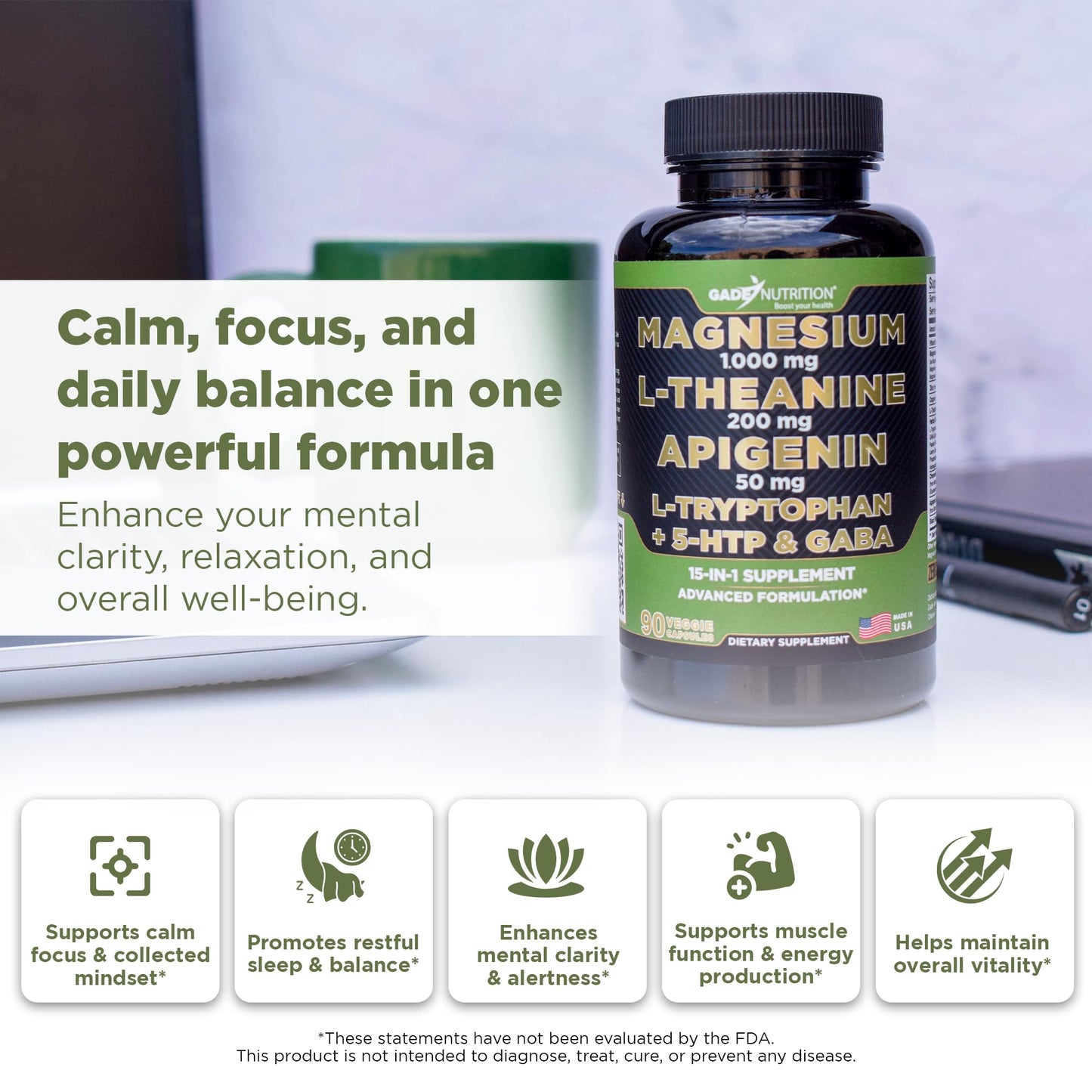 Gade Nutrition Magnesium Glycinate & Magneisum Supplements with Apigenin, L Theanine 200 mg, 5 HTP, GABA Calm Brain Booster Supplement Sleep Aid Ashwagandha L Tryptophan Chamomile GADE NUTRITION BOOST YOUR HEALTHBuy Supplements Australia