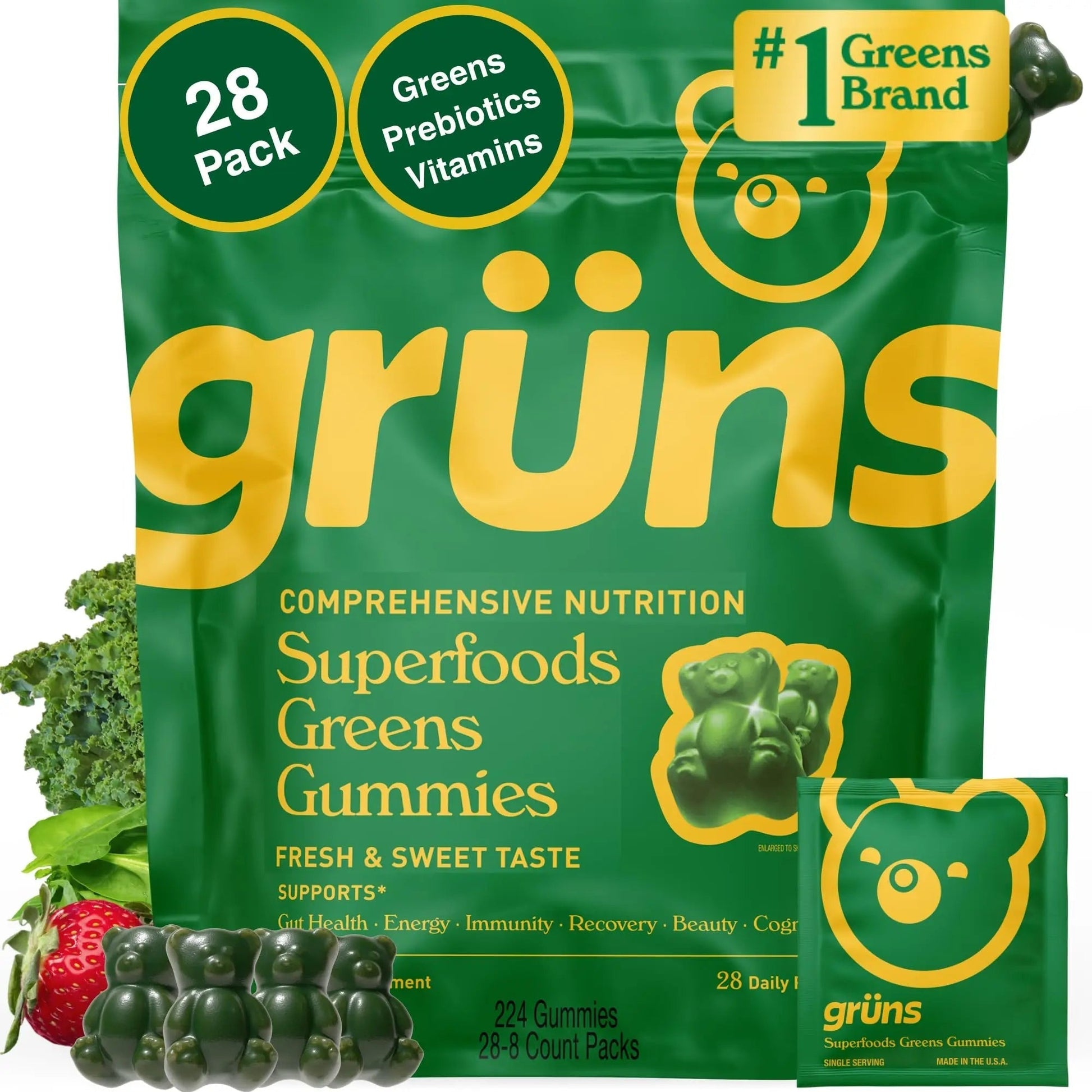 Gruns Adults Super Greens Multivitamin Gummies, Superfood Vitamin Gummy Bears with Spirulina, Chlorella, Prebiotic Fiber for Digestive Health GrünsBuy Supplements Australia