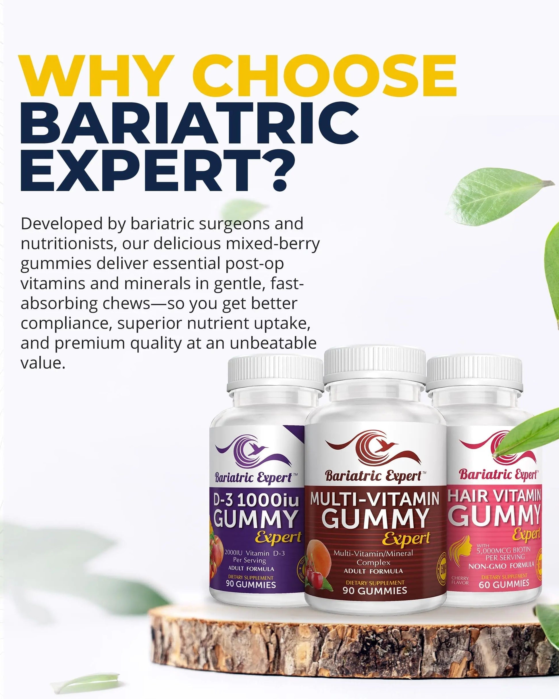Bariatric Multivitamin 3 Pack, Multivitamin Gummy 90 Chews. - D3 Gummies 90 Chew - Hair Vitamin Gummy 60 Chews. Bariatric Food Expert