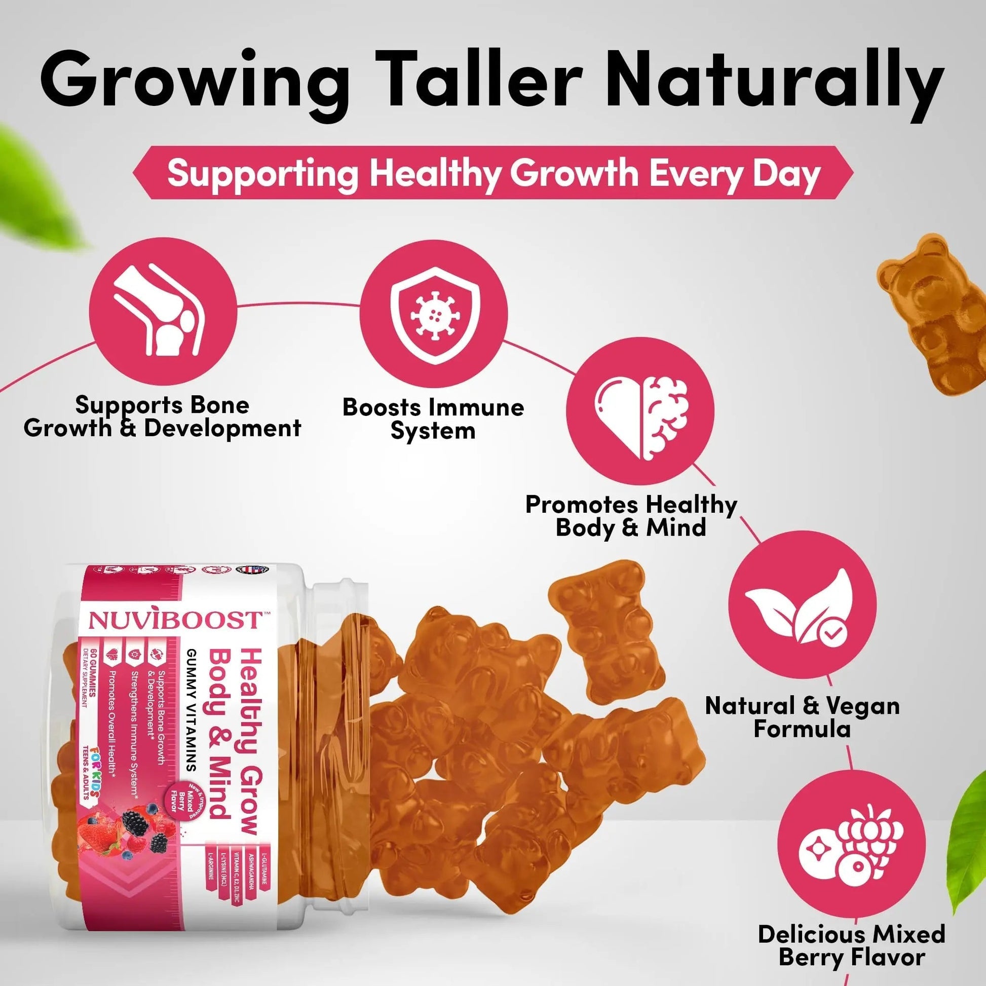 NUVIBOOST Healthy Grow Height Growth Gummies Rich in Calcium, Vitamins C, D3, K2, L-Arginine, Ashwagandha, and Others NUVIBOOST