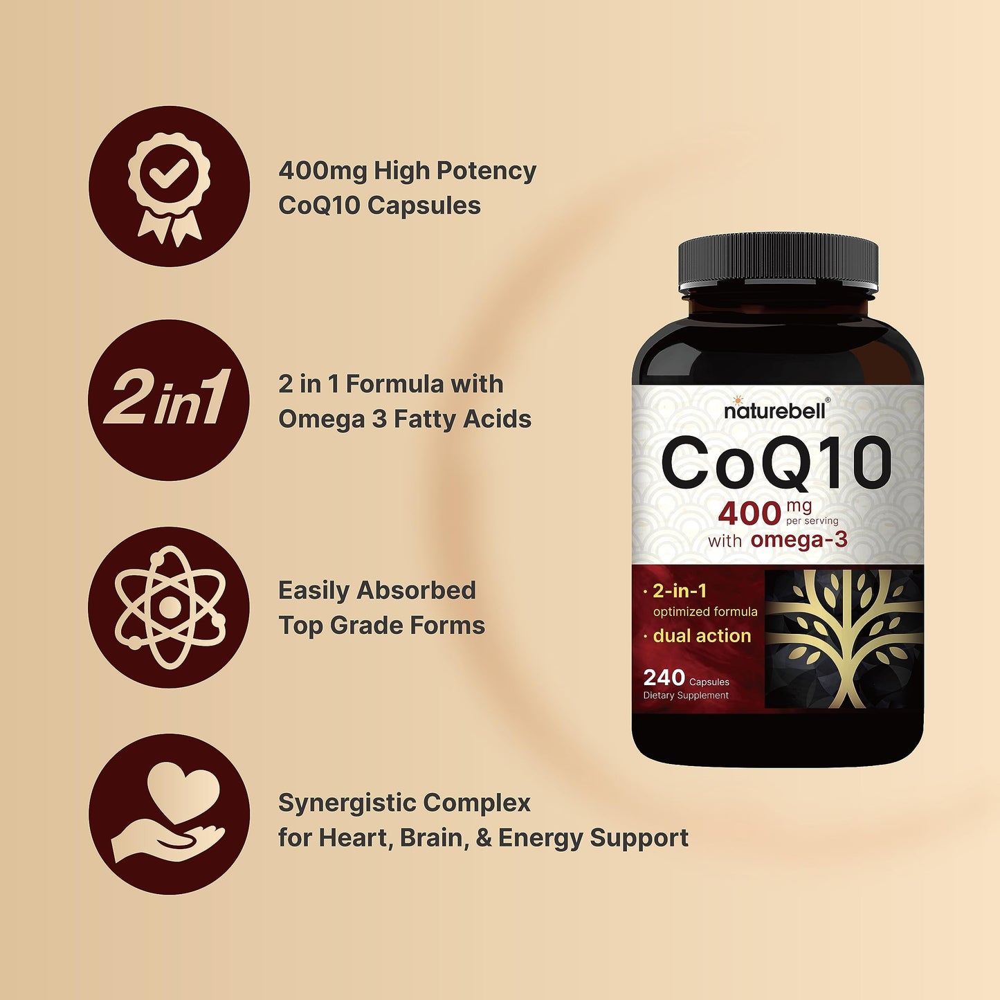 CoQ10 (Ubiquinone) 400mg with Omega 3 Fatty Acids, 240 Capsules | Stable High NatureBellBuy Supplements Australia