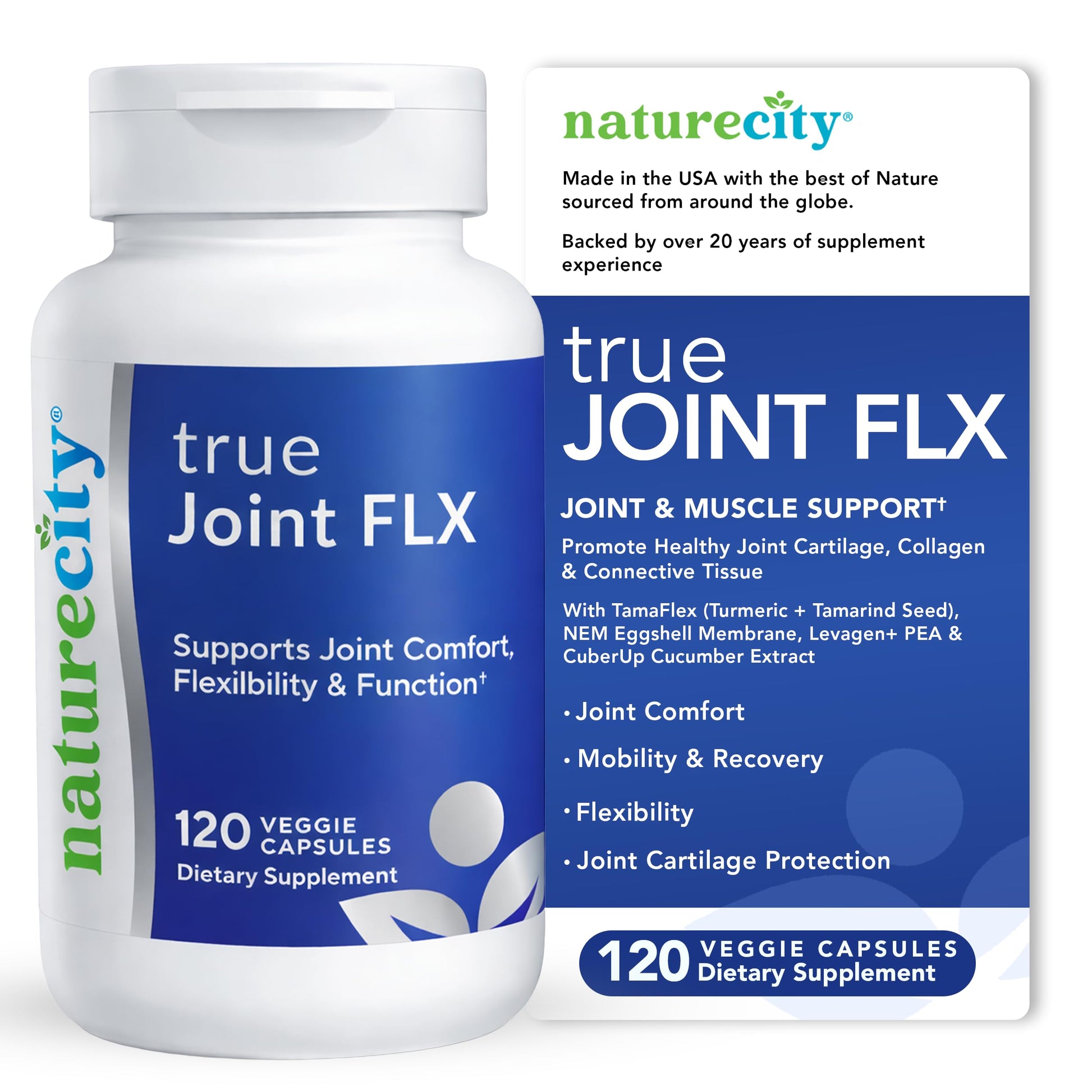 NatureCity True-Joint FLX Joint Supplement Formula (120 Capsules) | TamaFlex, NEM Eggshell Membrane, Levagen+ PEA & CuberUp | Supports Joint Comfort, Flexibility, Mobility, Function & Cartilage Health NatureCityBuy Supplements Australia