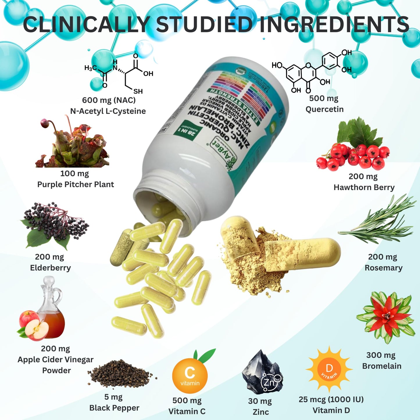 NAC-n-acetyl cysteine- Quercetin Zinc Bromelain Supplement | Extra Strength with Vit C, D3, Apple Cider Vinegar, Elderberry, Hawthorn Berry, Turmeric | Immune Support|120 Vegan Capsules | USDA Organic AyBetBuy Supplements Australia