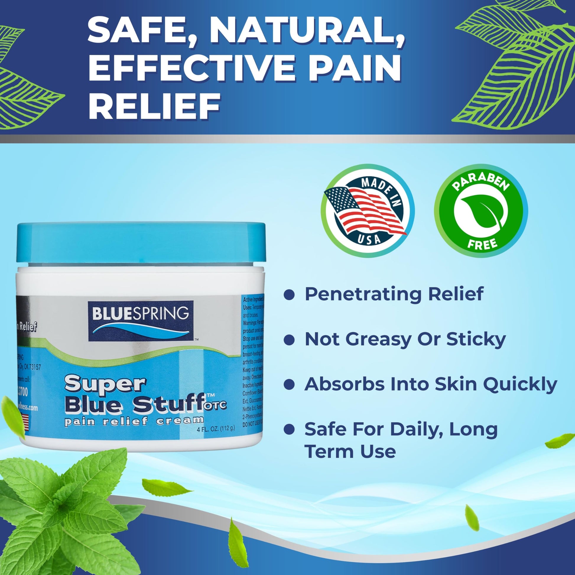 BLUESPRING Pain Relief Cream- Super Blue Stuff with Emu Oil, Arnica, Provides Maximum Arthritis Pain Relief- Anti Inflammatory Cream Goes Deep into the Skin- Great Muscle Rub and Relaxer Cream - 4 oz Emu TherapyBuy Supplements Australia
