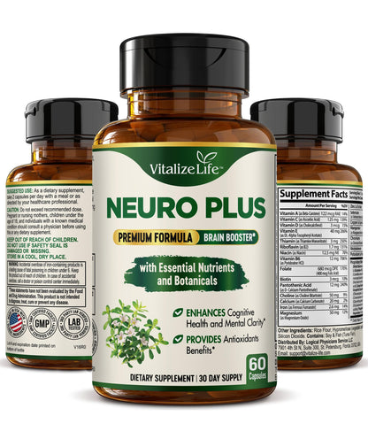 Neuro Plus Brain Supplement - Nootropic for Memory, Focus & Clarity - Neuro Brain and Focus Supplement with Bacopa Monnieri & DHA - Cognitive Support Formula - 60 Capsules Vitalize LifeBuy Supplements Australia