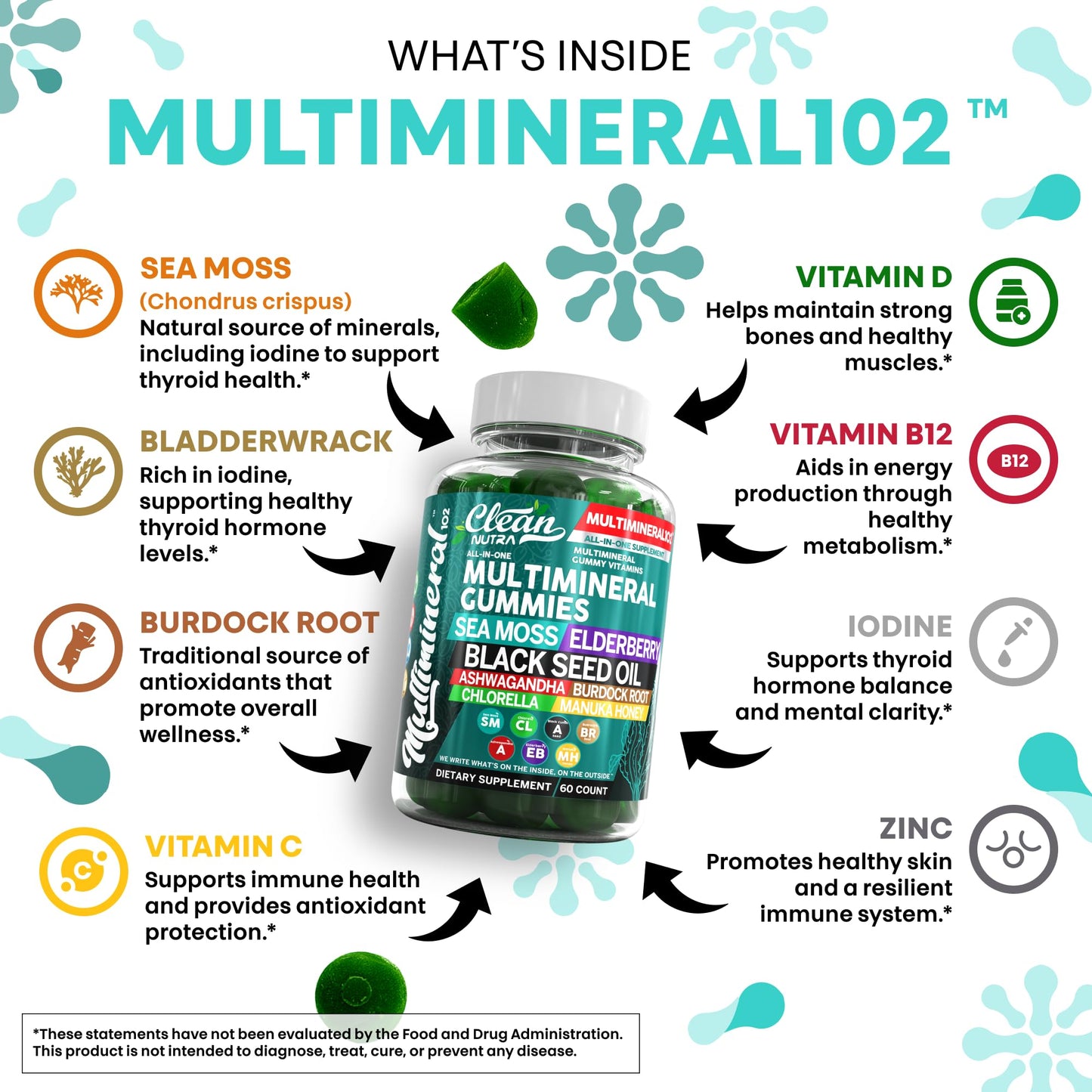 Sea Moss Gummies | Clinically Tested - Black Seed Oil Ashwagandha Elderberry Burdock Root Chlorella Manuka Honey - Vegan Irish Sea Moss Gummy Vitamins