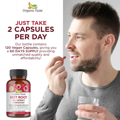 Organic Veda Beet Root Capsules - Triple Reds Nitric Oxide Beets Supplements - Concentrated Nitrates and Vitamin C Blend of Beet Root Extract, Red Spinach, Pomegranate, Black Pepper - 120 Capsules