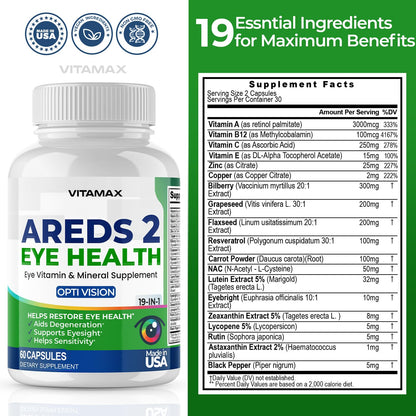 AREDS 2 Eye Vitamins - Lutein, Zeaxanthin, Bilberry, Astaxanthin Mineral Vision Supplement - Supports Eye Strain, Dry Eyes, Pressure, and Vision Health - Made in USA - 120ct VitamaxBuy Supplements Australia