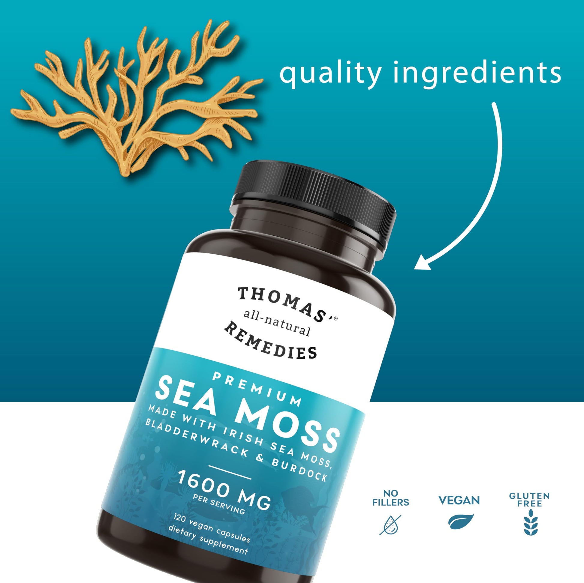Thomas' all-natural Remedies Irish Sea Moss Capsules, Sea Moss with Bladderwrack & Burdock Root Organic for Gut Health, Digestion, Energy & Immune Support, 120 Seamoss Pills Thomas' all-natural RemediesBuy Supplements Australia