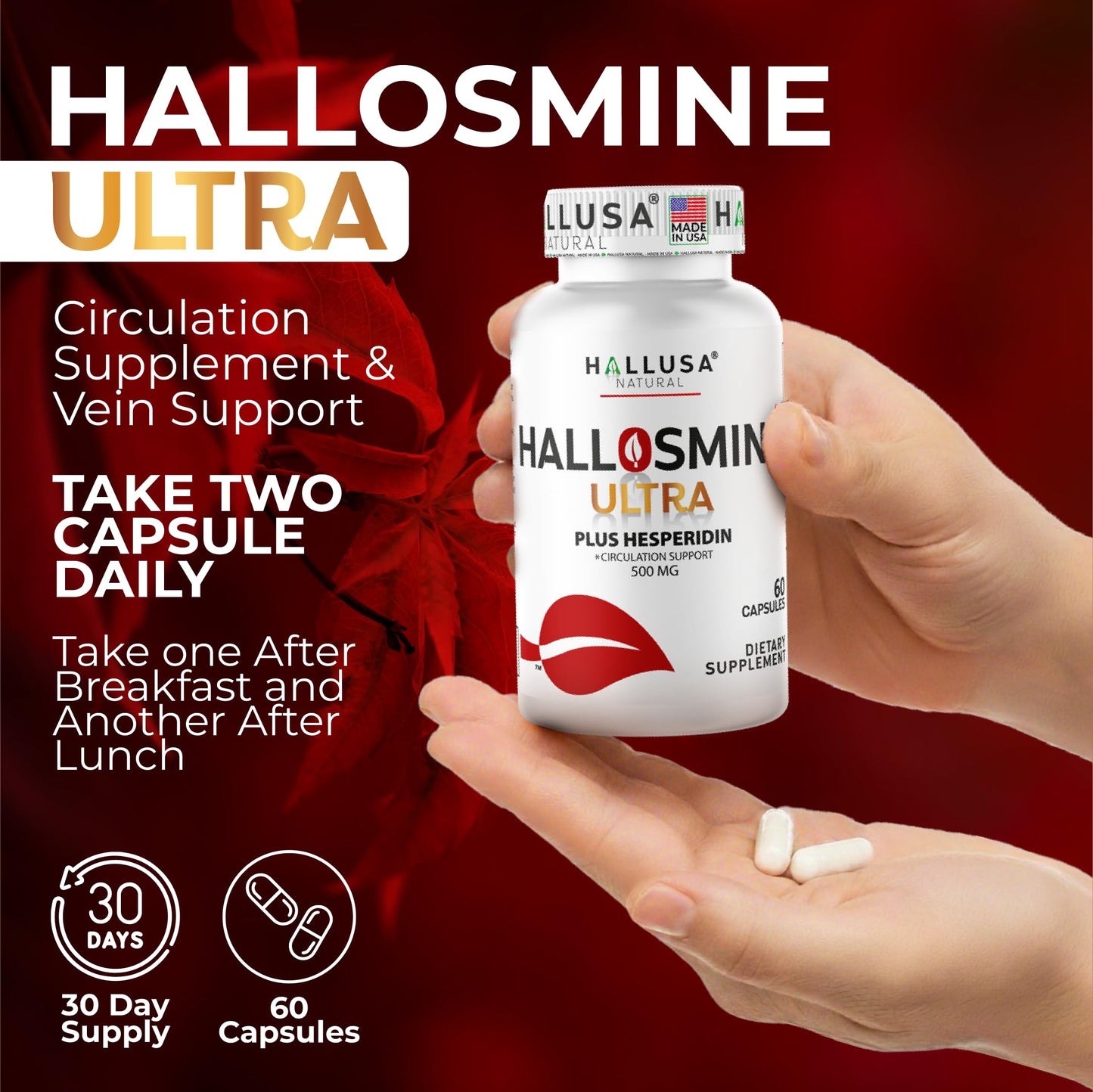 Hallusa Natural Hallosmine Ultra Diosmin 500mg & Hesperidin 150mg – Heavy Legs, Swelling & Vein - Blood Circulation Supplements, 60 Caps Hallusa NaturalBuy Supplements Australia