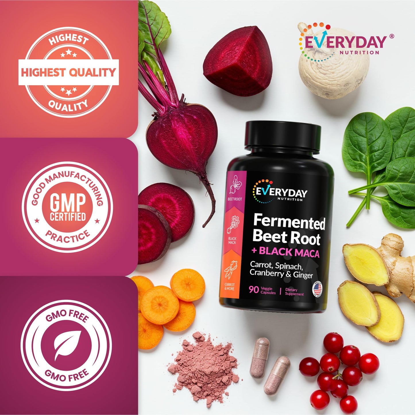 EVERYDAY NUTRITION Organic Fermented Beet Root & Black Maca Capsules with Carrot, Spinach, Cranberry & Ginger | Superfood for Energy, Stamina & Wellness | 90 Veggie Capsules | Made in USA EVERYDAY NUTRITIONBuy Supplements Australia