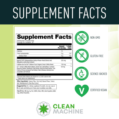 CLEAN MACHINE N10s - Plant Based Vegan Preworkout Powder - 3 Clinically Tested and Patented Ingredients to Increase Muscle Size, Strength, Energy and Mental Focus - 30 Servings - Cherry Bomb