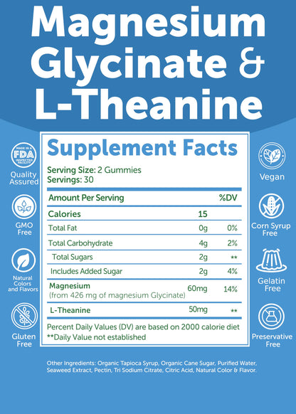 Lunakai USA Made Magnesium Glycinate Gummies 426mg with L-Theanine – Calm, Sleep, Stress Relief for Adults & Kids, Non-GMO, Vegan, 60ct