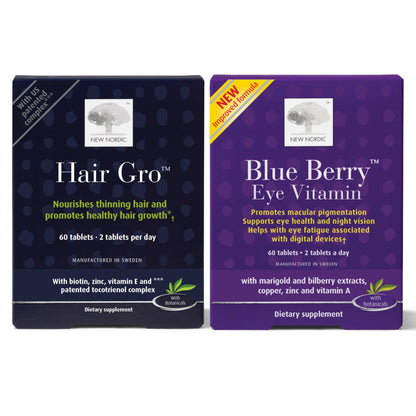 NEW NORDIC Hair & Eye Support Tablets Bundle, Hair GRO Natural Hair Growth and Blue Berry Eye Vitamin Supplements NEW NORDICBuy Supplements Australia