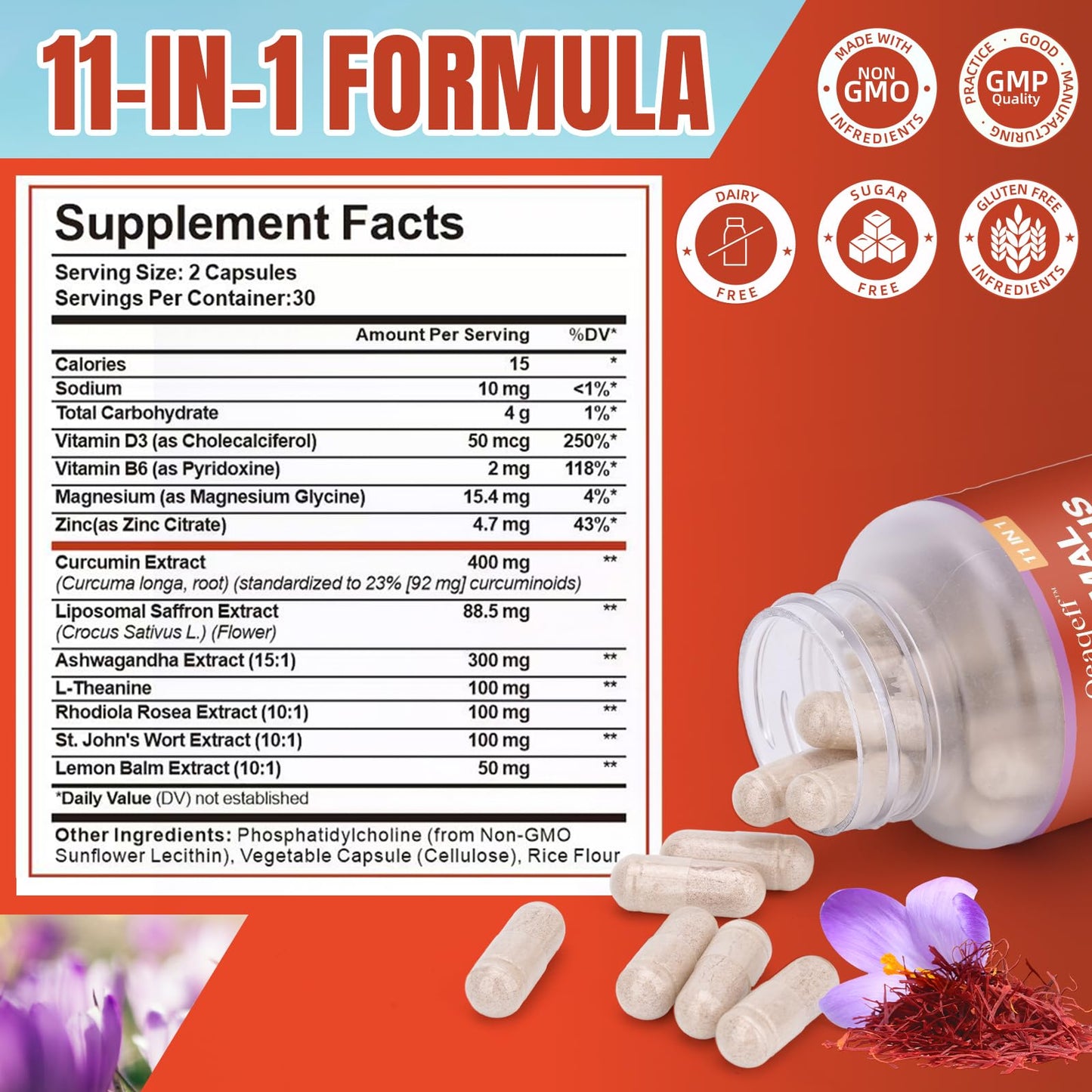 Oeaqeff Liposomal Saffron Supplements -11 in 1 100% Pure Saffron Extract 88.5 mg Maximum Absorption for Mood, Energy & Vision,Vegan, Non-GMO - 60 Vegan Capsules (1) OeaqeffBuy Supplements Australia