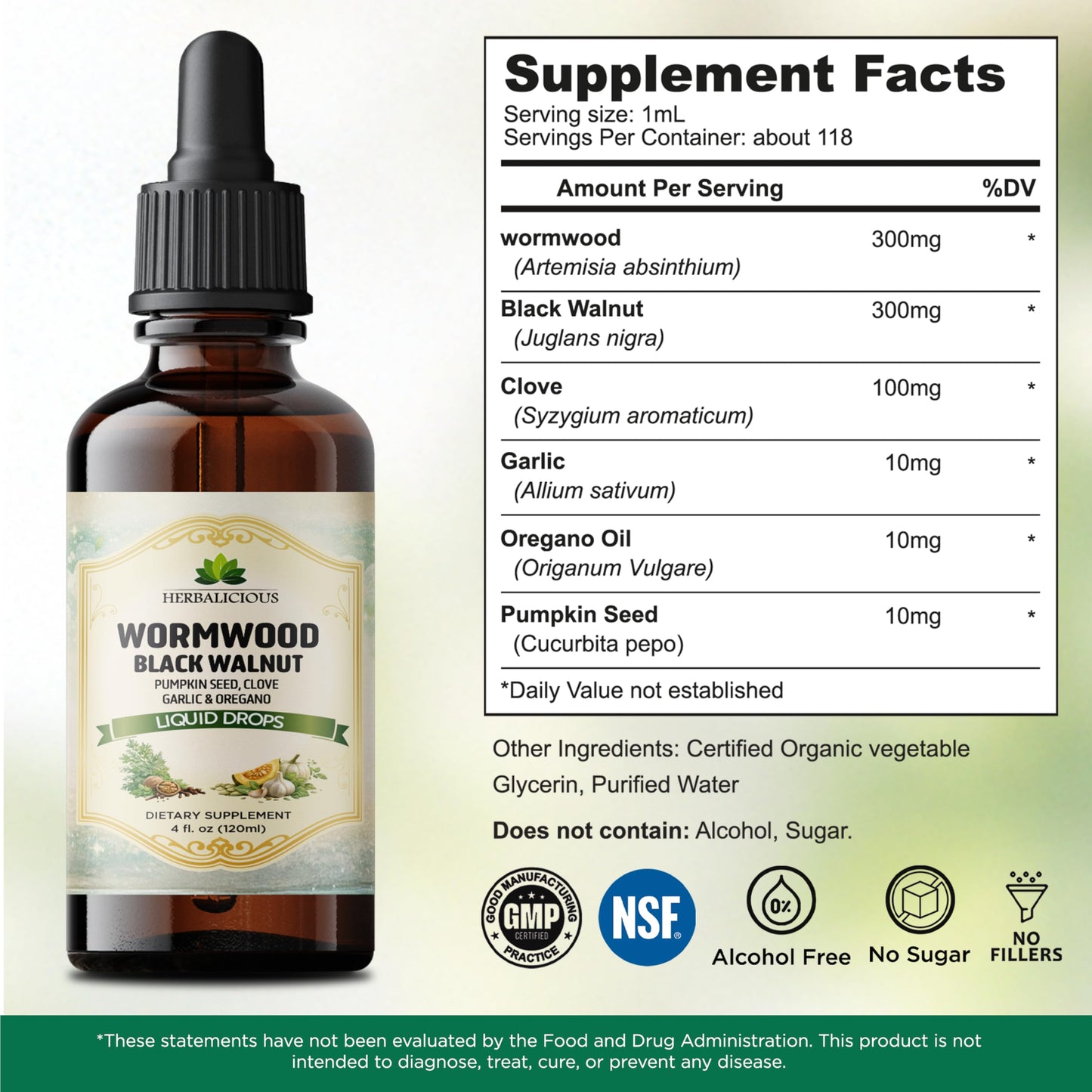 HEBRALICIOUS Wormwood Black Walnut Liquid Drops – Herbal Blend with Pumpkin Seed, Clove, Garlic & Oregano Oil – Alcohol Free Herbal Tincture – Liquid Dietary Supplement, 4 fl oz (120ml) HERBALICIOUSBuy Supplements Australia