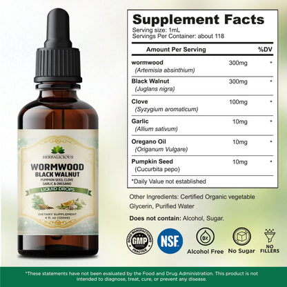 HEBRALICIOUS Wormwood Black Walnut Liquid Drops – Herbal Blend with Pumpkin Seed, Clove, Garlic & Oregano Oil – Alcohol Free Herbal Tincture – Liquid Dietary Supplement, 4 fl oz (120ml) HERBALICIOUSBuy Supplements Australia