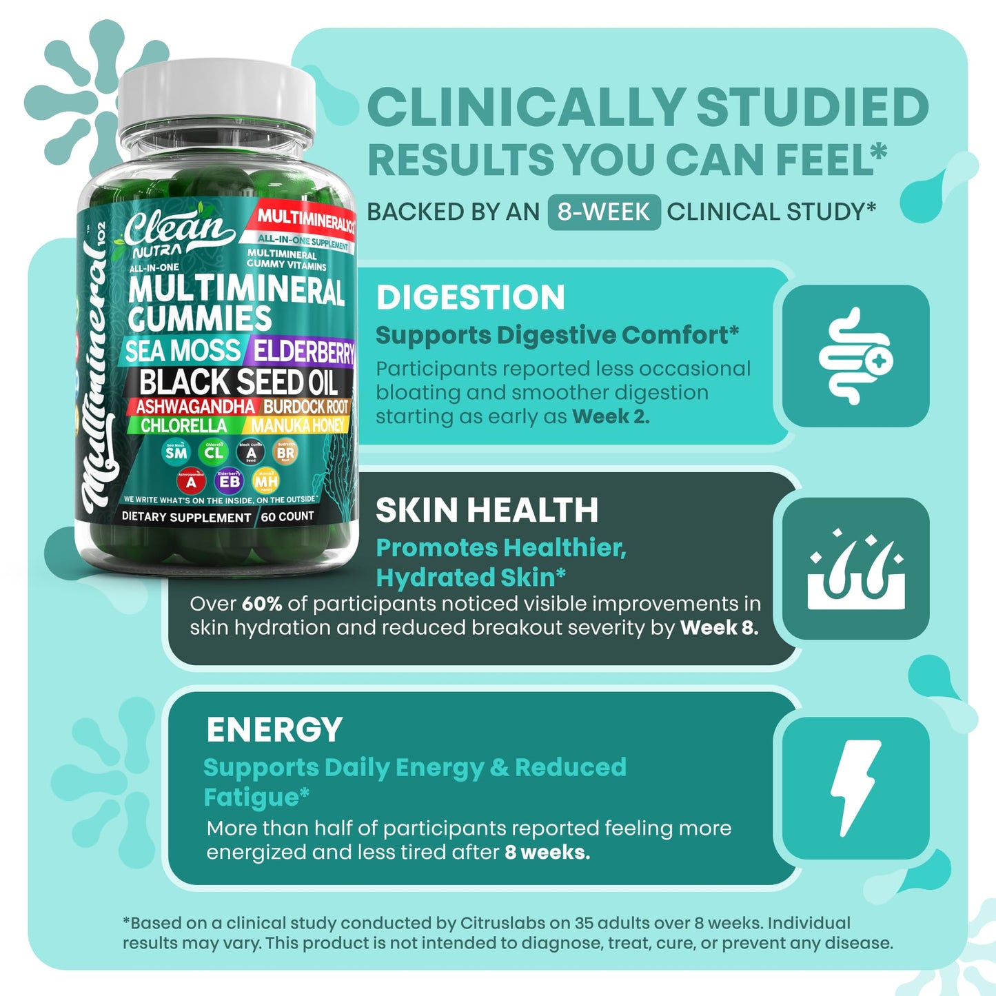 Sea Moss Gummies | Clinically Tested - Black Seed Oil Ashwagandha Elderberry Burdock Root Chlorella Manuka Honey - Vegan Irish Sea Moss Gummy Vitamins