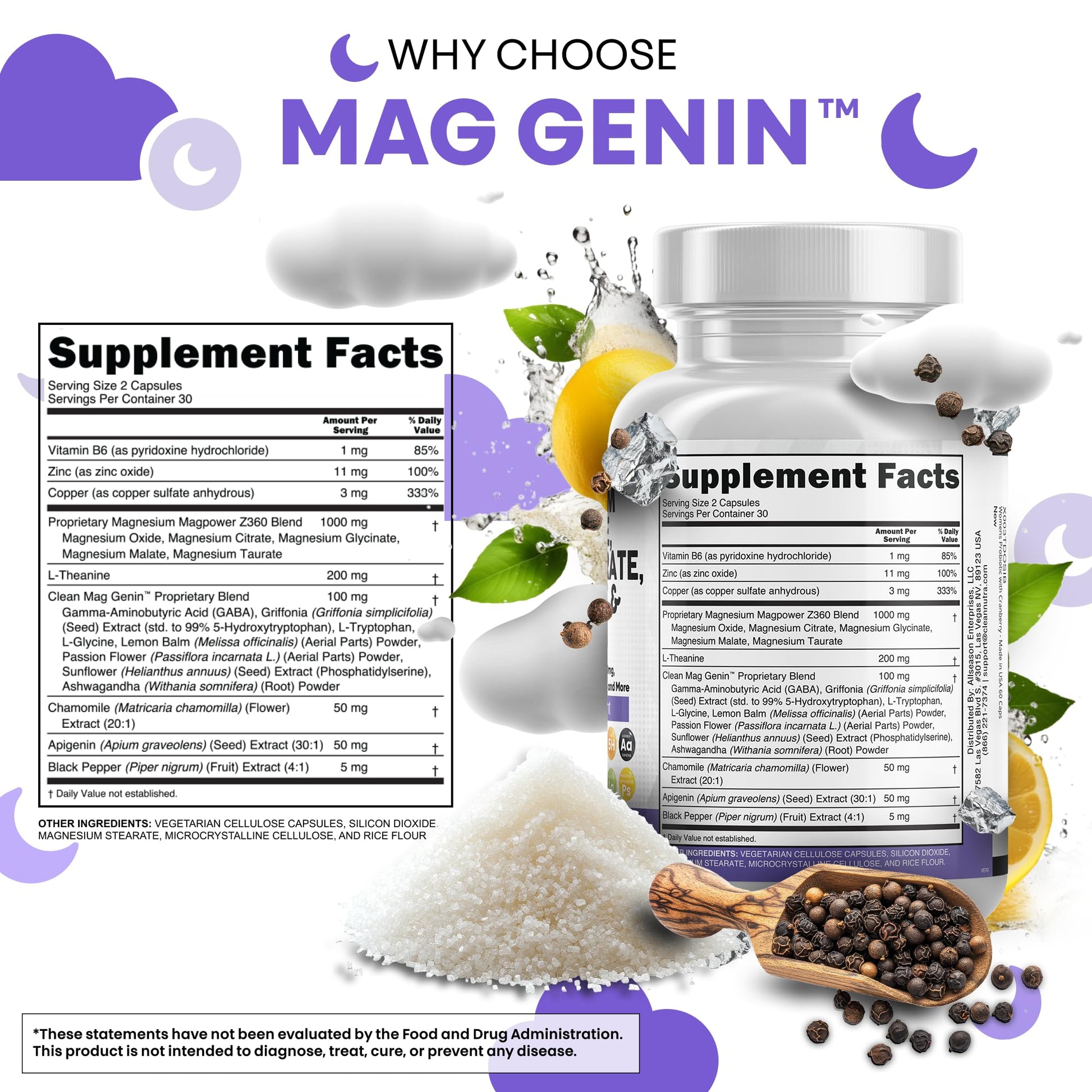 Clean Nutraceuticals Magnesium Glycinate Complex 1000mg with L-Theanine 200mg Apigenin 50mg Citrate Taurate Supplement - 5-HTP GABA Passion Flower Lemon Balm L-Glycine Phosphatidylserine - 60 Count Clean NutraceuticalsBuy Supplements Australia