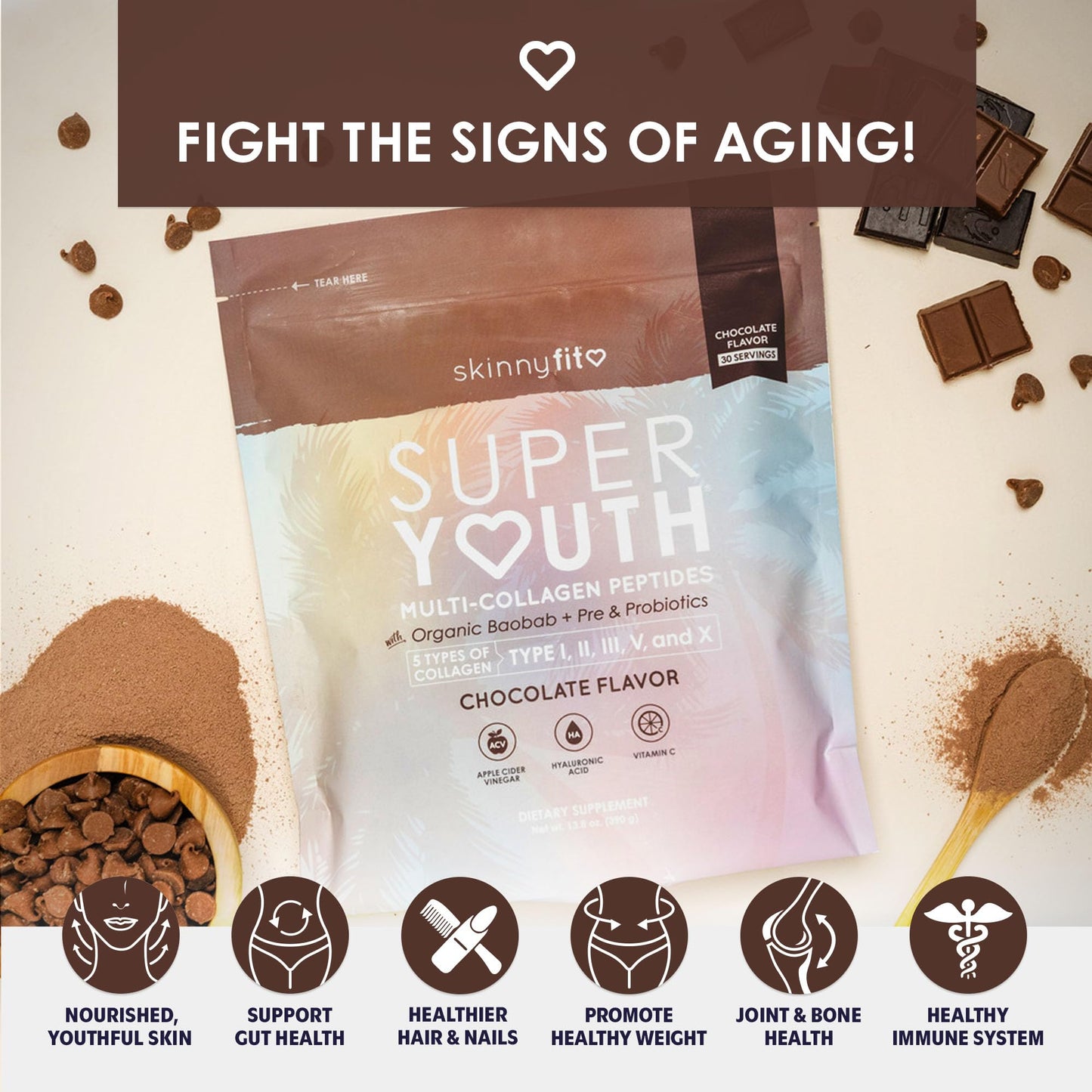 SkinnyFit Super Youth Chocolate Multi-Collagen Peptides + Probiotics, Baobab Fiber SkinnyFitBuy Supplements Australia