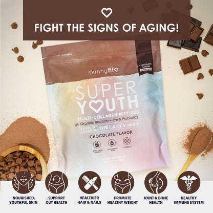SkinnyFit Super Youth Chocolate Multi-Collagen Peptides + Probiotics, Baobab Fiber SkinnyFitBuy Supplements Australia