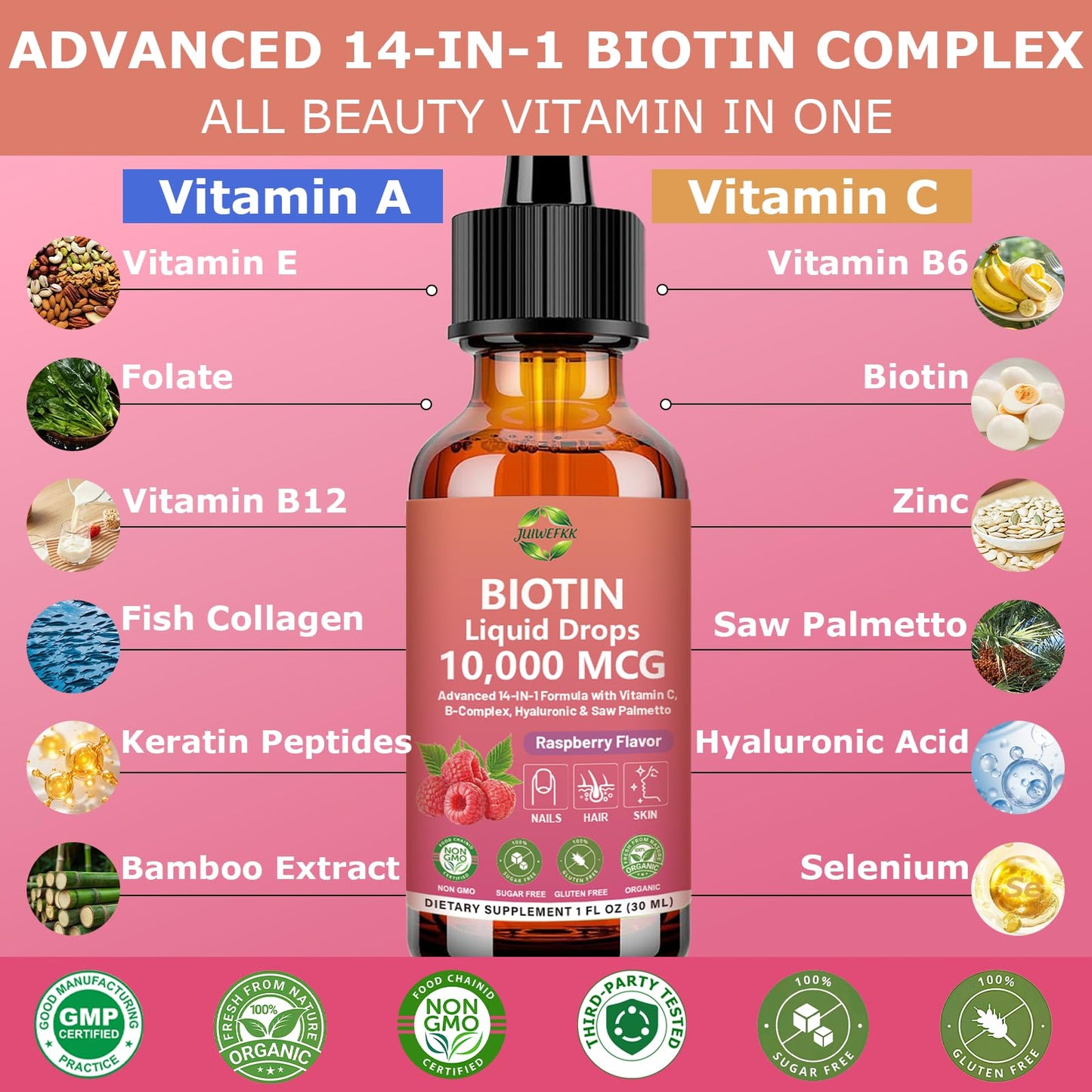 Pure Biotin 10000mcg Liquid Drop Optimal Solutions Hair Skin & Nails Vitamins Support w. Collagen Keratin Hyaluronic Acid Saw Palmetto, Biotin(Vitamin B7) for Hair Growth & Cellular Energy JUIWEFKKBuy Supplements Australia