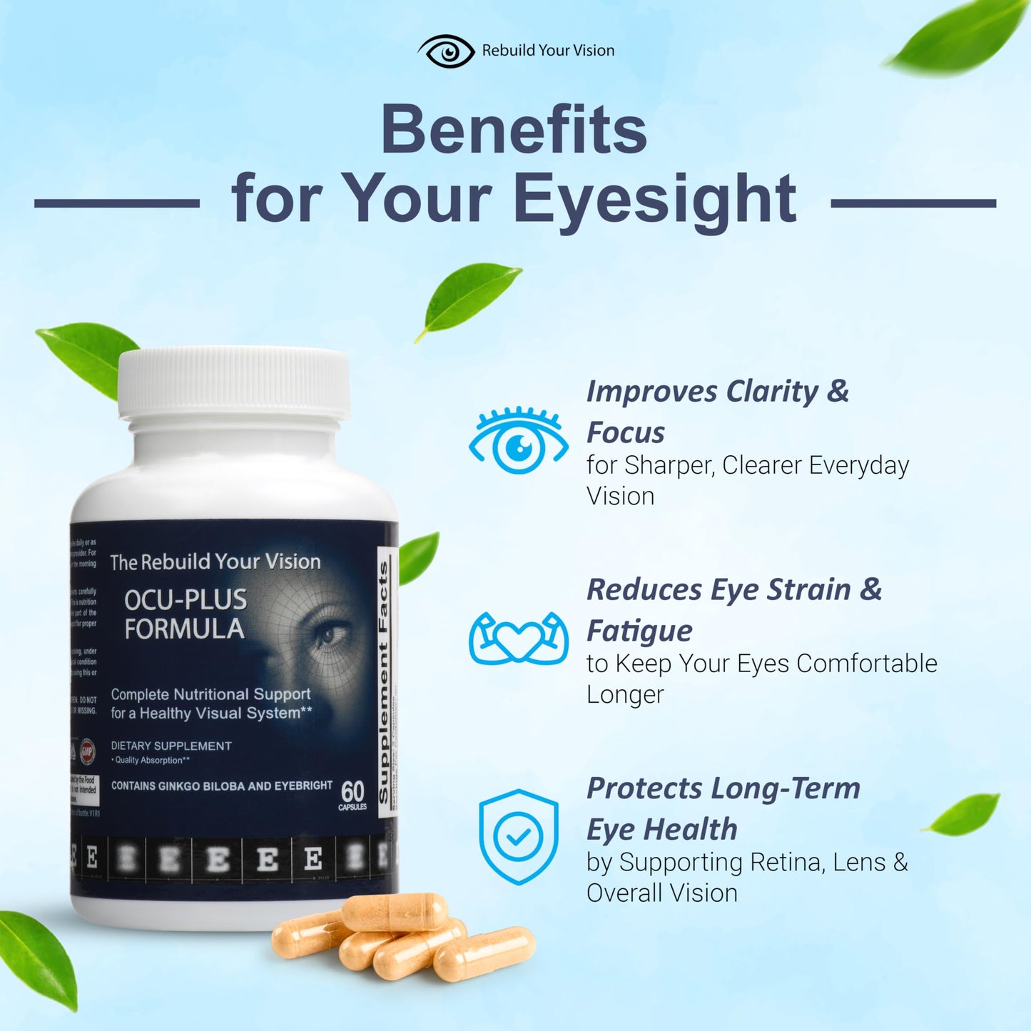 Rebuild Your Vision Ocu-Plus Formula – Eye Health Supplement with Lutein & Zeaxanthin – Supports Visual Clarity, Night Vision & Macular Health – with Bilberry, Ginkgo Biloba & NAC – 60 Capsules Rebuild Your VisionBuy Supplements Australia