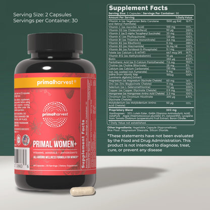 Primal Harvest Women+, Woman's Multivitamin Vitamin A, Vitamin C, Vitamin D and E, Vitamin B12, B6, Biotin