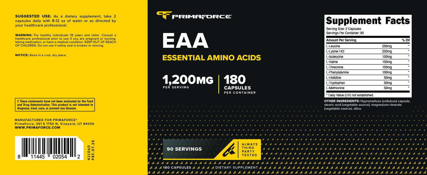 Primaforce EAA Capsules 1200mg, 180 Capsules, 90 Servings - Essential Amino Acids - Non-GMO, Gluten Free & Vegitarian Friendly PrimaforceBuy Supplements Australia