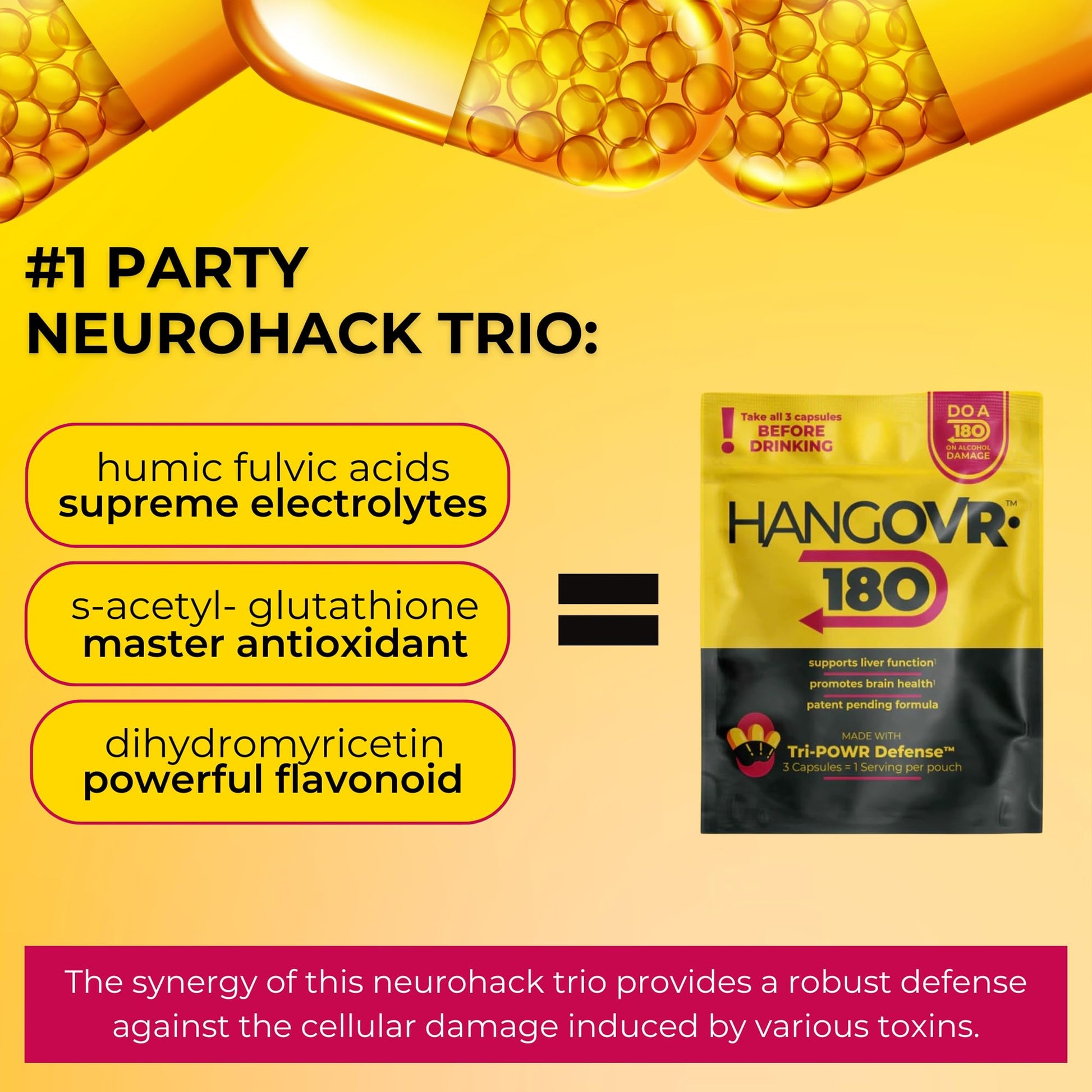 Hangovr 180 Tri-Power Before Drinking Defense 4 Pack - Support Liver & Brain Health, Feel Fresher & Better Energy - - Take Before Drinking for Relief, 3 Capsules per Pouch HANGOVR-180Buy Supplements Australia