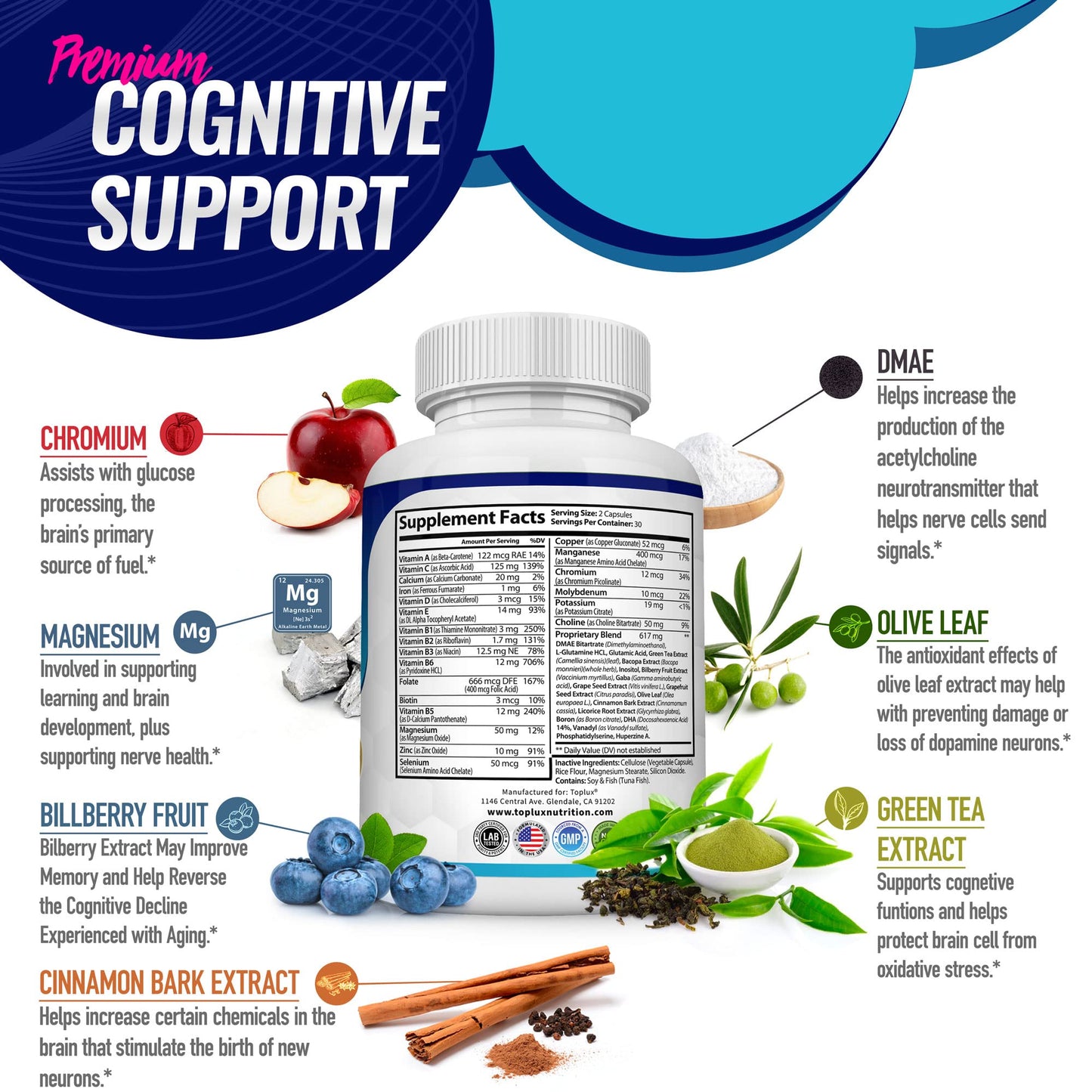 Toplux Brain Supplement Nootropic – Brain Pills Vitamin with DMAE, Bacopa Monnieri, L-Gutamine, for Men Women, 60 Capsules, Nutrition TopluxBuy Supplements Australia