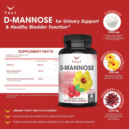 VALI D-Mannose 1000mg Urinary Tract Health Formula. Organic Cranberry Fruit Powder & Hibiscus. Healthy Bladder, Natural Cleanse, Fast Detox Flush, Herbal UT Function Support Pills. 60 Veggie Capsules VALIBuy Supplements Australia