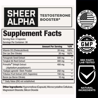 Testosterone Booster for Men - Sheer Alpha T-Booster - Clinically Backed Dose, Strongest Formula - Made in USA - Premium Blend of Fadogia Agrestis Tongkat Ali and Shilajit. 30 Servings Sheer Strength LabsBuy Supplements Australia