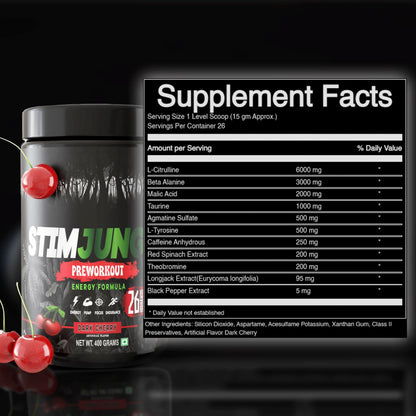 STIMJungle Essential Preworkout •Insane Energy •6G L-Citrulline •3G Beta Alanine •Tongkat Ali •Caffeine •Theobromine