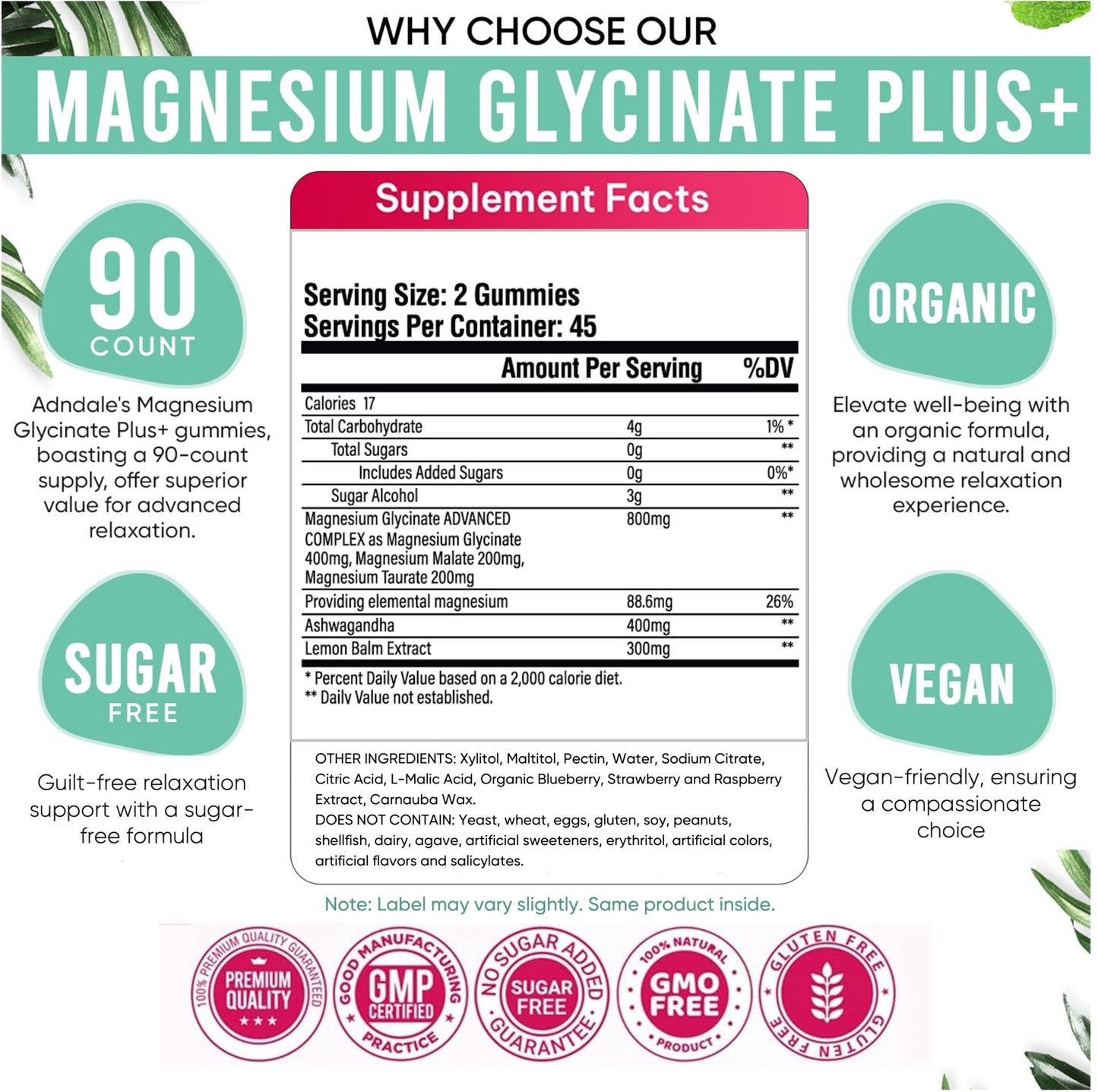 Adndale 90 CT Magnesium Glycinate 400 mg Gummies with Ashwagandha, Magnesium Malate & Taurate, Sugar Free Magnesium Gummies