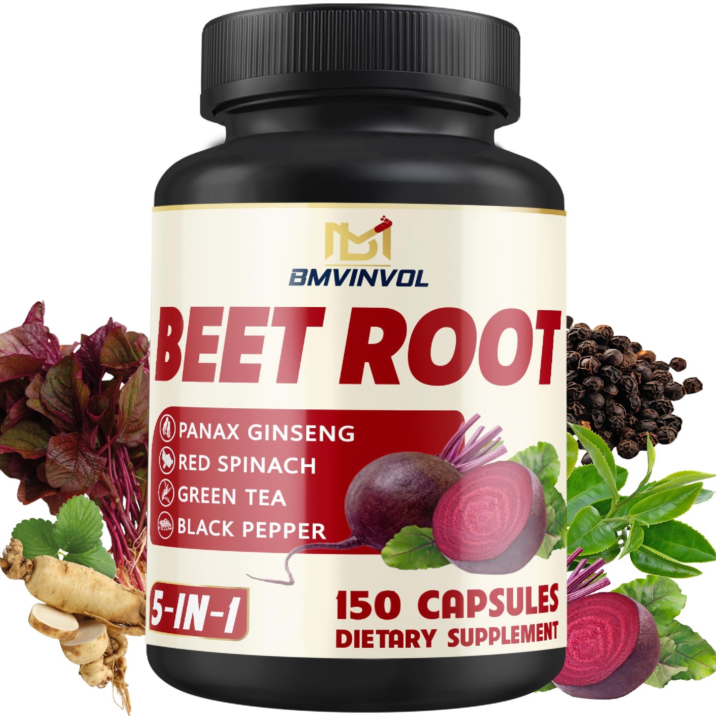 Beet Root, Green Tea, Red Spinach, Ginseng, Black Pepper - 150 Capsules - Supports Digestive, Immune System, Energy Levels - 5 Month Supply BMVINVOLBuy Supplements Australia