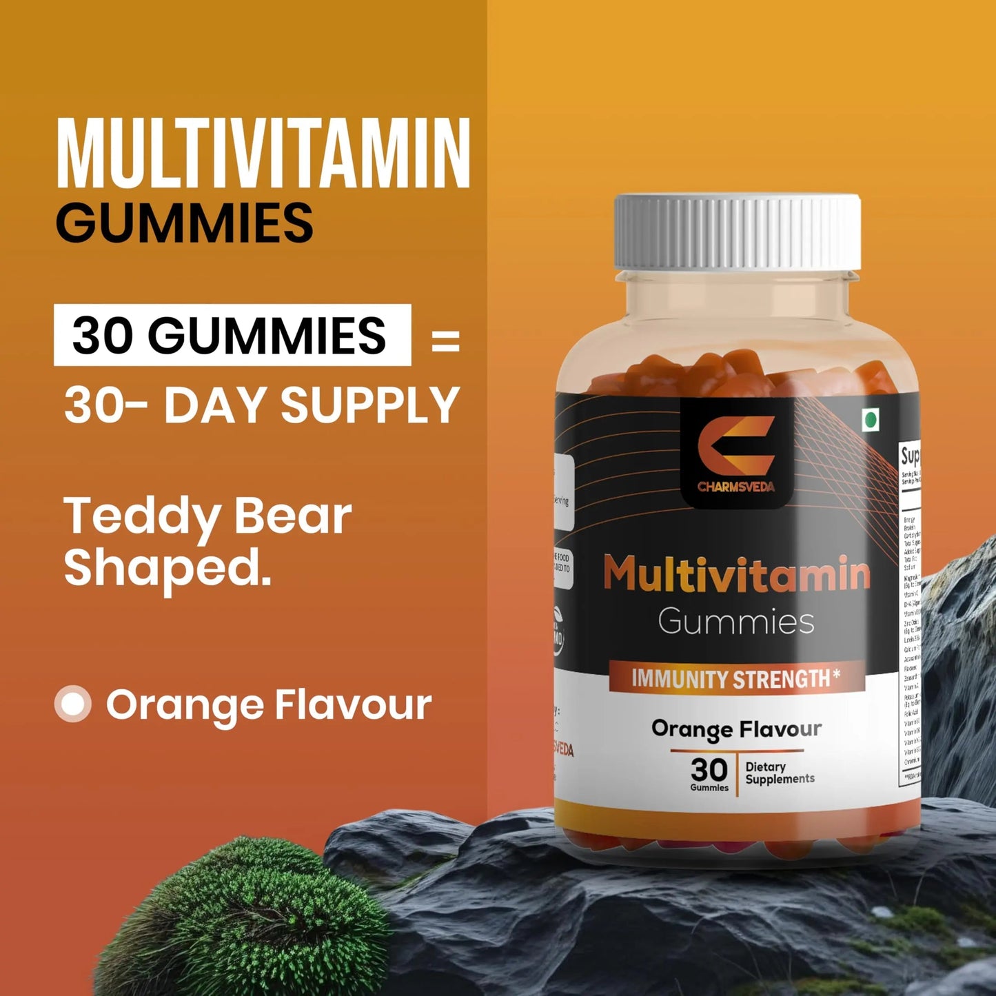CHARMSVEDA Multivitamin Gummies – Energy, Immunity & Overall Wellness with DHA, Vitamin C, Zinc & Antioxidants – Orange Flavour – 30 Gummies CHARMSVEDA