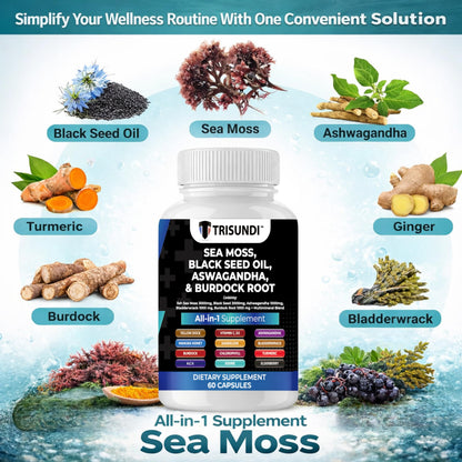 Trisundi Sea Moss Complex with Black Seed Oil, Ashwagandha & Burdock Root – All-in-One Herbal Supplement with Vitamins & Minerals – 60 Capsules TrisundiBuy Supplements Australia