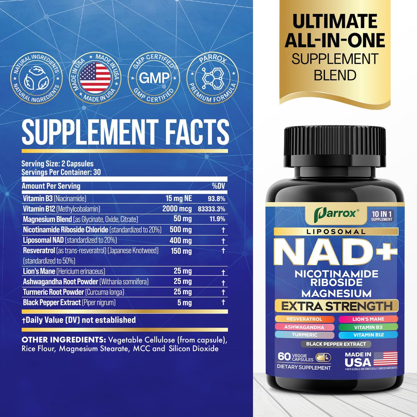 Parrox NAD+ Supplement with Liposomal NAD+, Nicotinamide Riboside, Magnesium, Vitamin B3 & B12, Resveratrol, Turmeric, Ashwagandha, Lion’s Mane,10-in-1 Extra Strength (2 Pack) ParroxBuy Supplements Australia