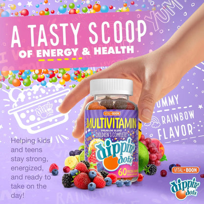 Dippin' Dots - Multivitamin Gummies for Kids Rainbow Fruit Flavor Complete Multivitamin Chewy Gummies Vitamin A, B, C, D3, E, B6, Zinc - 60 Count Vital+Boon