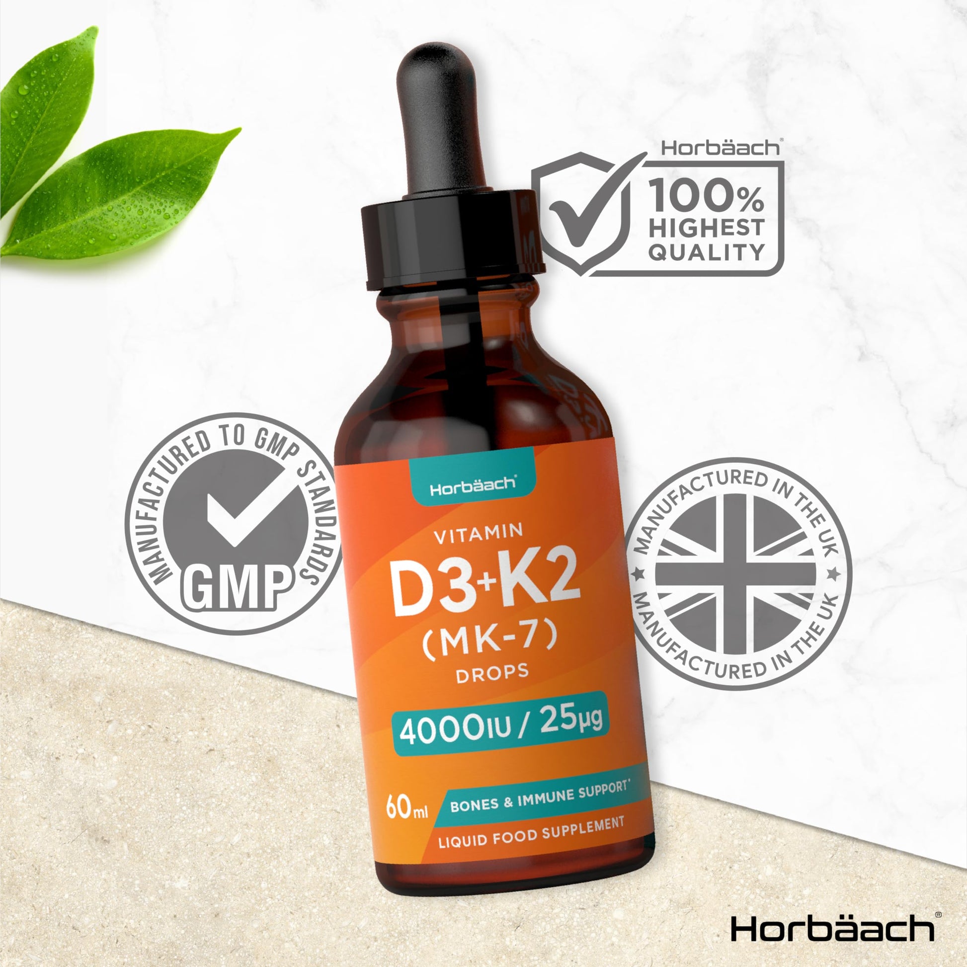 Vitamin D3 K2 Drops | 60mL | High Strength Vitamin D3 4000iu and K2 25ug | No Artificial HorbäachBuy Supplements Australia