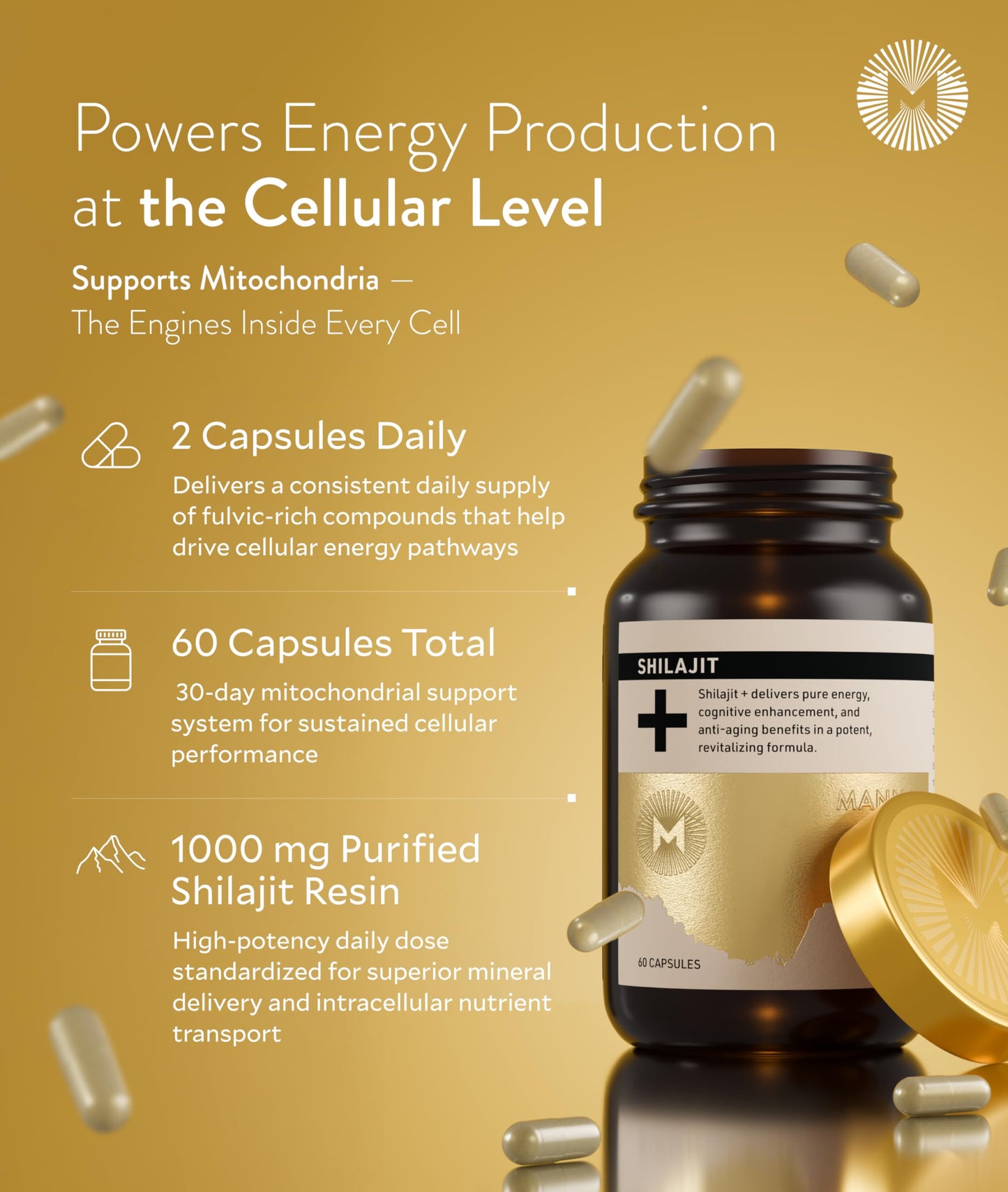 Manna Vitality Shilajit+ Capsules | 1000mg Purified Himalayan Shilajit Resin Supplement | Highest Bioavailability | Energy, Performance, Detox, Vitality, Mental Clarity & Cognitive Support | 60 Count M MannaBuy Supplements Australia