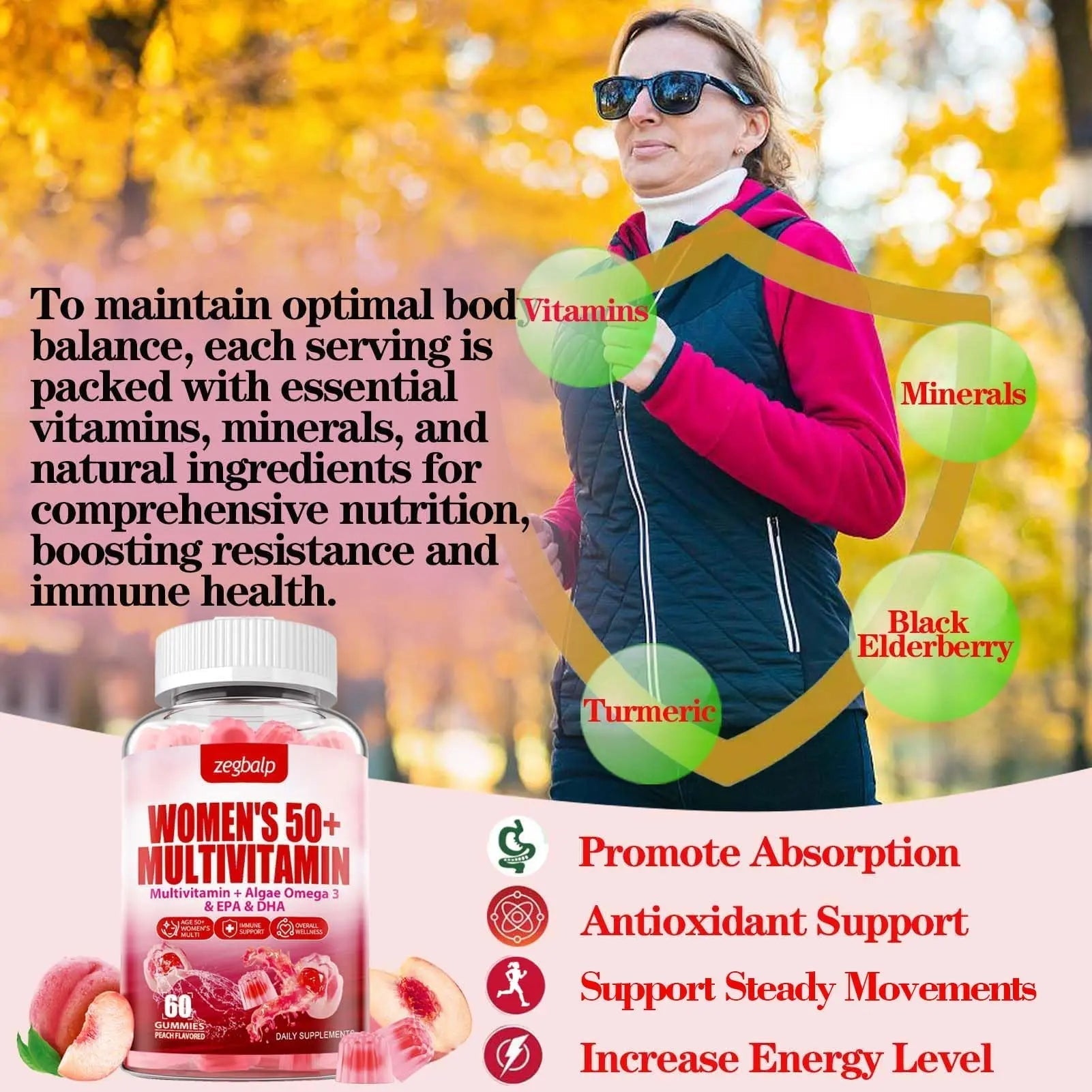 ZEGBALP Sugar-Free Womens Multivitamin 50 Plus Gummies with Calcium, Magnesium, Zinc, Vitamin A, C, D3, E, K2, B Complex, Folate, Biotin ZEGBALP