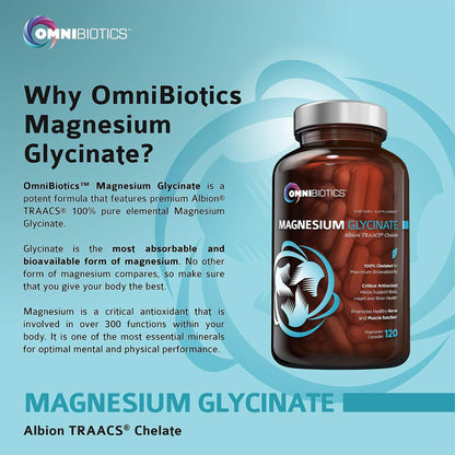 OmniBiotics Magnesium Glycinate Supplement – with 100% Pure Albion TRAACS Bisglycinate Chelate for Sleep, Muscle