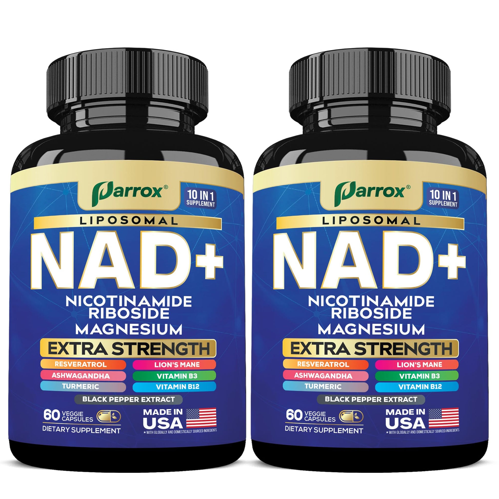 Parrox NAD+ Supplement with Liposomal NAD+, Nicotinamide Riboside, Magnesium, Vitamin B3 & B12, Resveratrol, Turmeric, Ashwagandha, Lion’s Mane,10-in-1 Extra Strength (2 Pack) ParroxBuy Supplements Australia