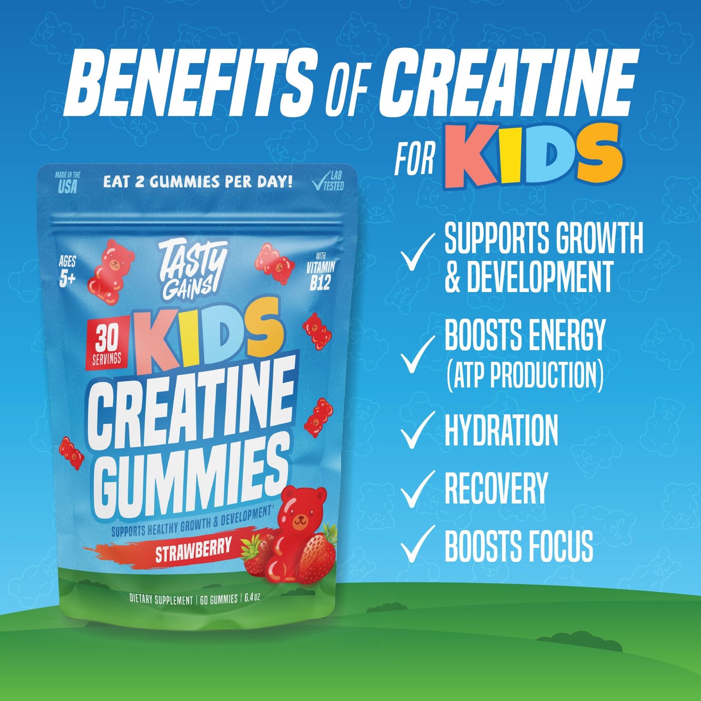 TASTY GAINS Kids & Teen Creatine Gummies with Vitamin B12 for Growth Support, Easy Chew Daily Supplement, Gummy Vitamins for Kids and Teens, Ages 5+ TASTY GAINSBuy Supplements Australia
