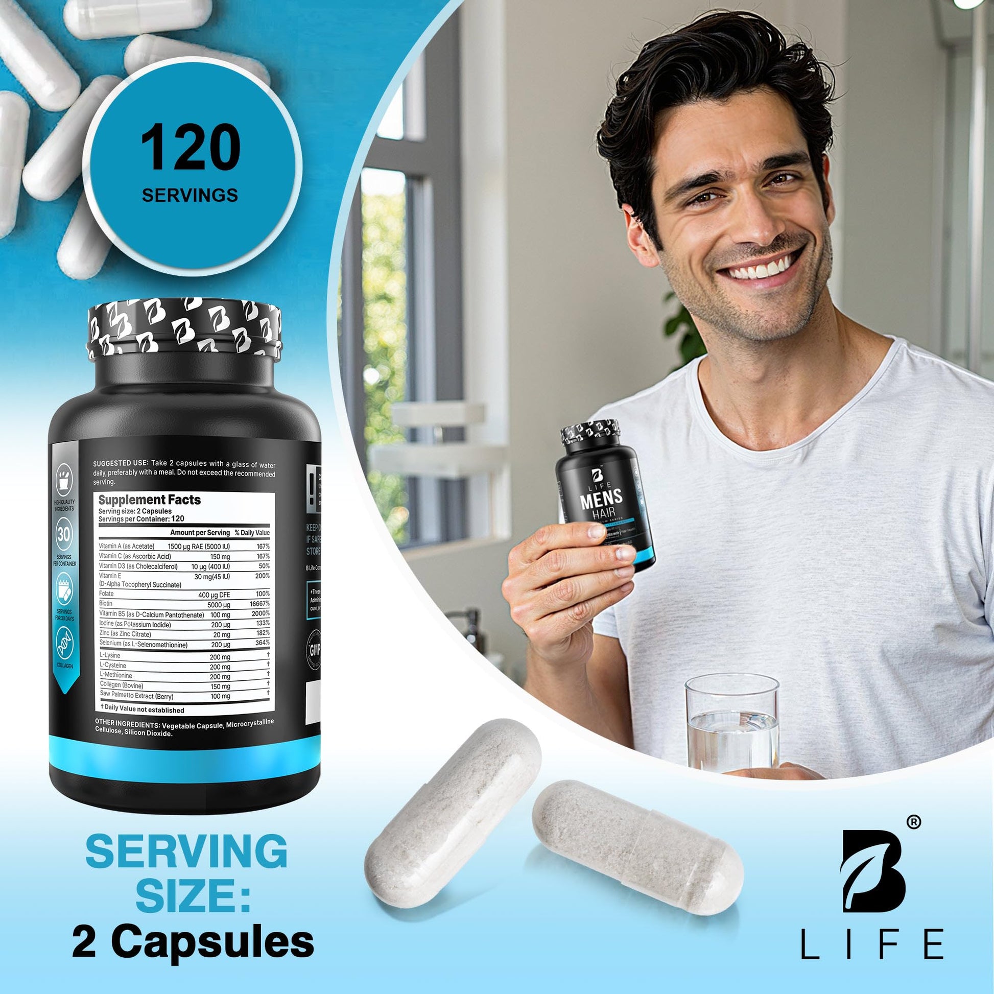 Men’s Hair Growth Supplement – Biotin & Collagen Hair Vitamins for Men – Thicker, Fuller Hair, Nail & Scalp Support – Hair Loss Supplement with Zinc, Selenium & Vitamins A C D E – 240 Capsules B Life CompanyBuy Supplements Australia