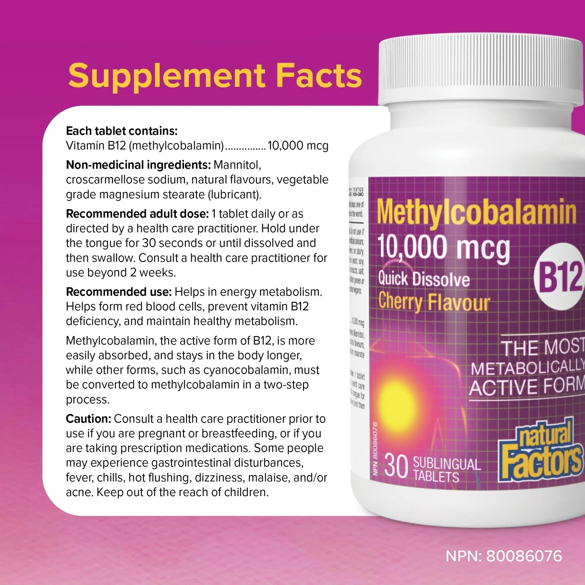 Natural Factors B12 Methylcobalamin, 10,000 mcg, Cherry, 30 Chewable Tablets Natural FactorsBuy Supplements Australia